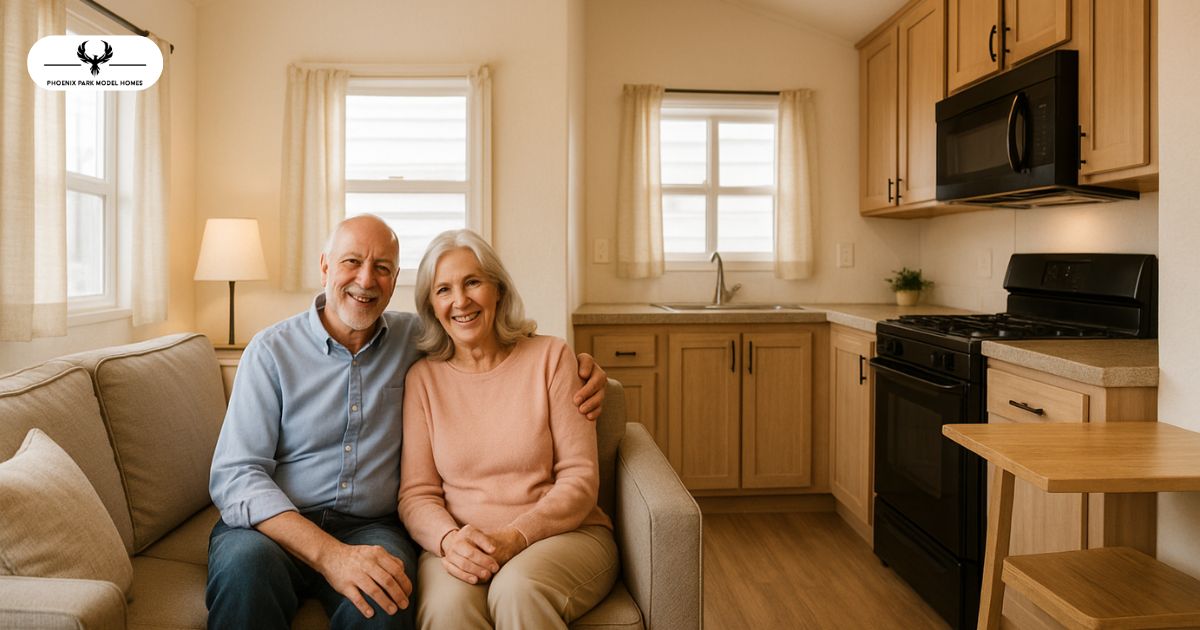 happy elder couple smiling, living in a minimal park model